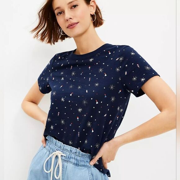 LOFT Navy Blue Firework Everyday Crew Tee NWT Size Medium - Picture 1 of 10